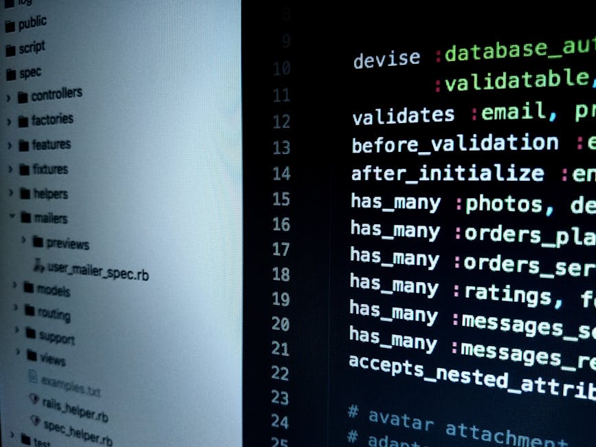 A close-up image of a computer screen displaying lines of code in a text editor, with syntax highlighting showing keywords and symbols in various colors including green, blue, purple, and red. The lef